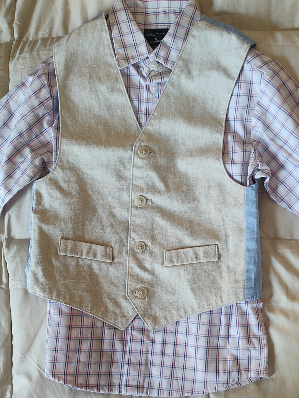 Nautica Boys Cream Vest with Light Blue Accents and Plaid Shirt + Pants